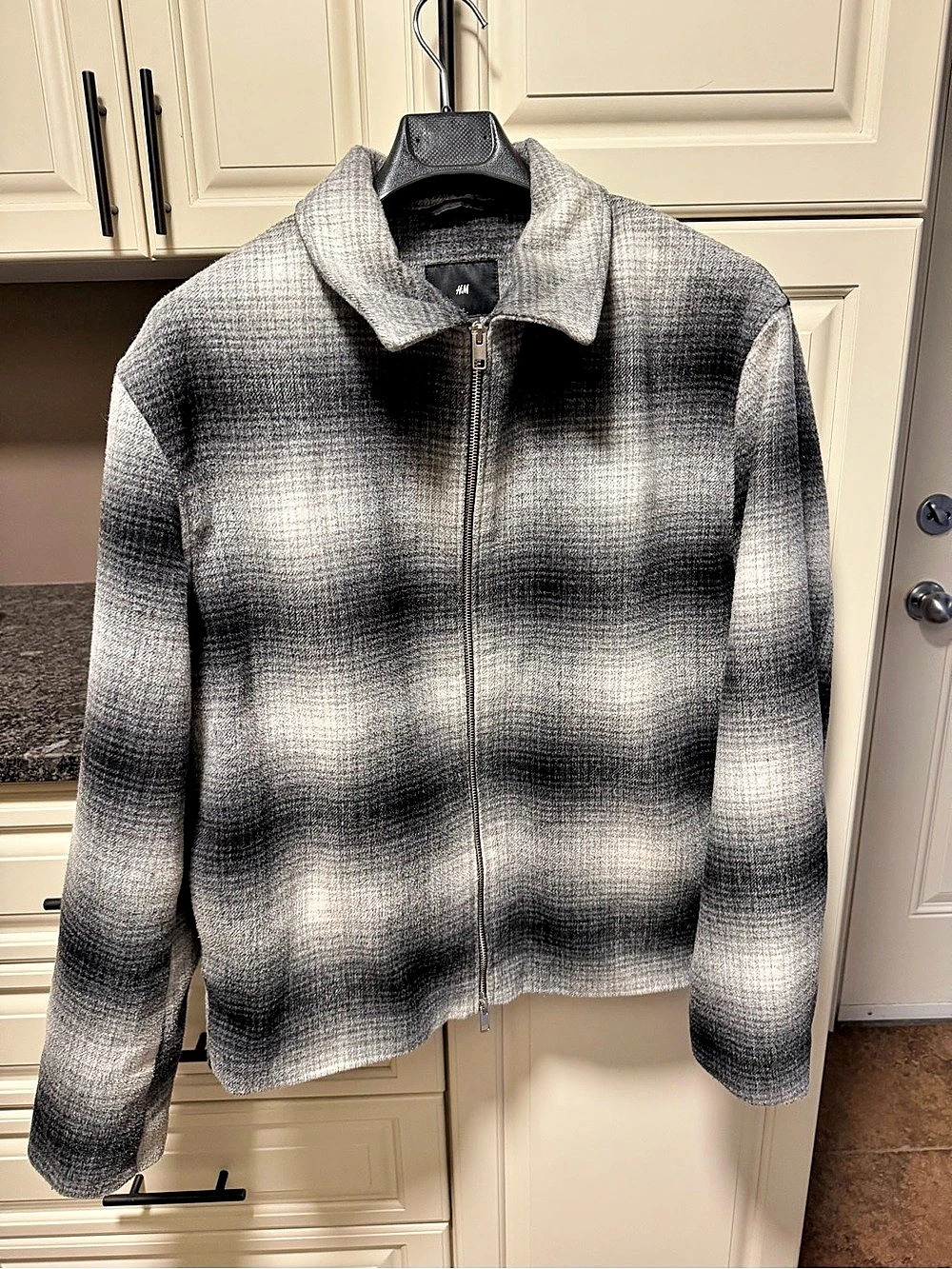 H&Medium Grey Black Ombre Plaid Wool Blend Zip Up Harrington